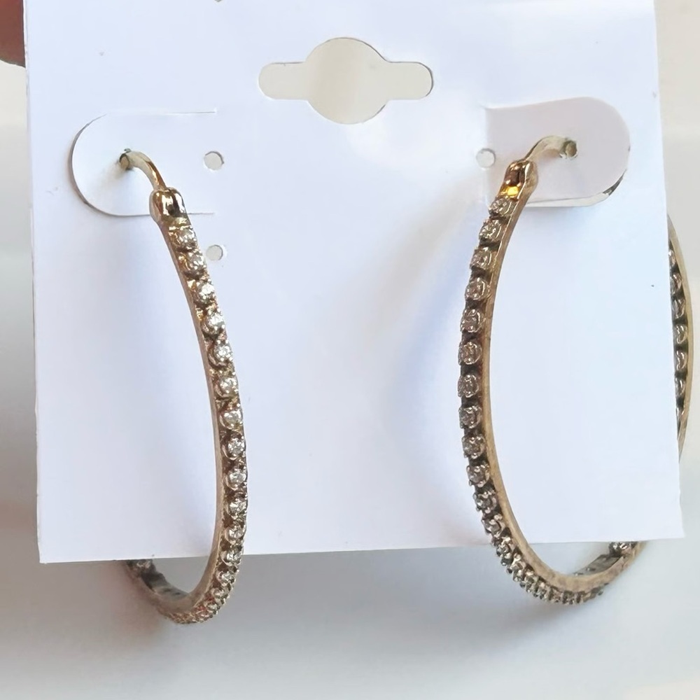 Dee Berkley Gold Vermeil Inside Out CZ Crystal Hoop Earrings 925 Sterling Silver - Picture 2 of 15